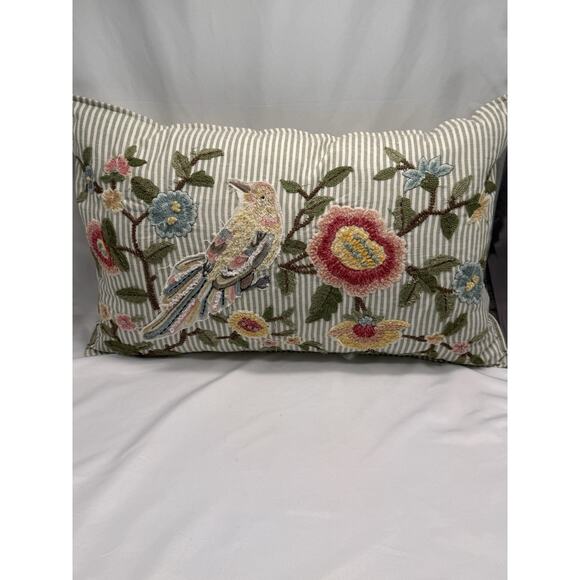 Unbranded Other - Rectangle Embroidered throw pillow beading striped floral Bird 14 X 22 Cottage